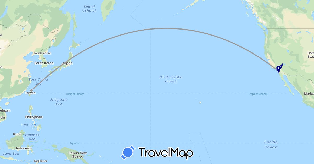 TravelMap itinerary: driving, plane in Taiwan, United States (Asia, North America)